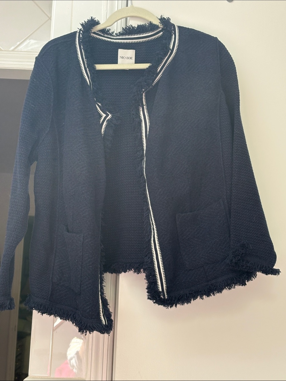 NIC+ZOE Navy Fringe-Trim Open Cardigan with Contrast Piping